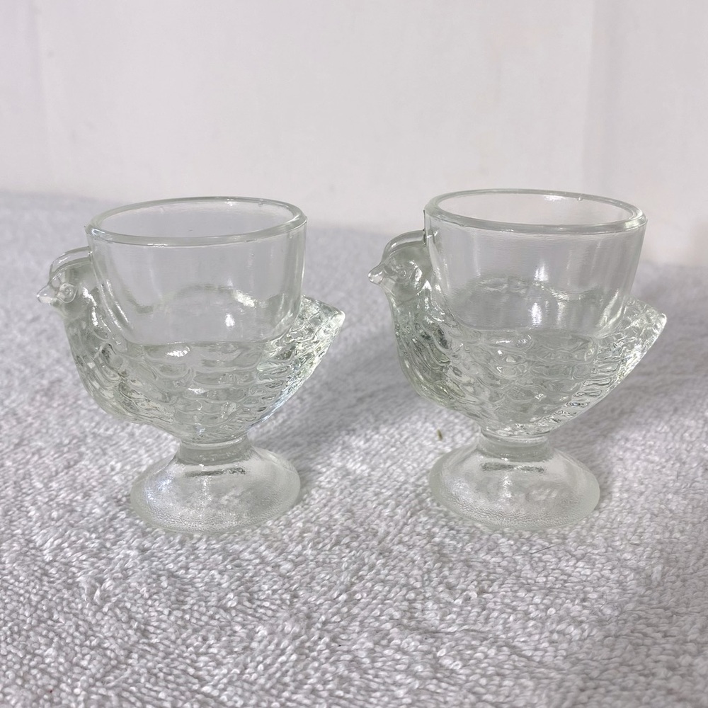 5/$35 Vintage Clear Glass Chicken Shaped Egg Cups Shot Glasses x2 Countrycore